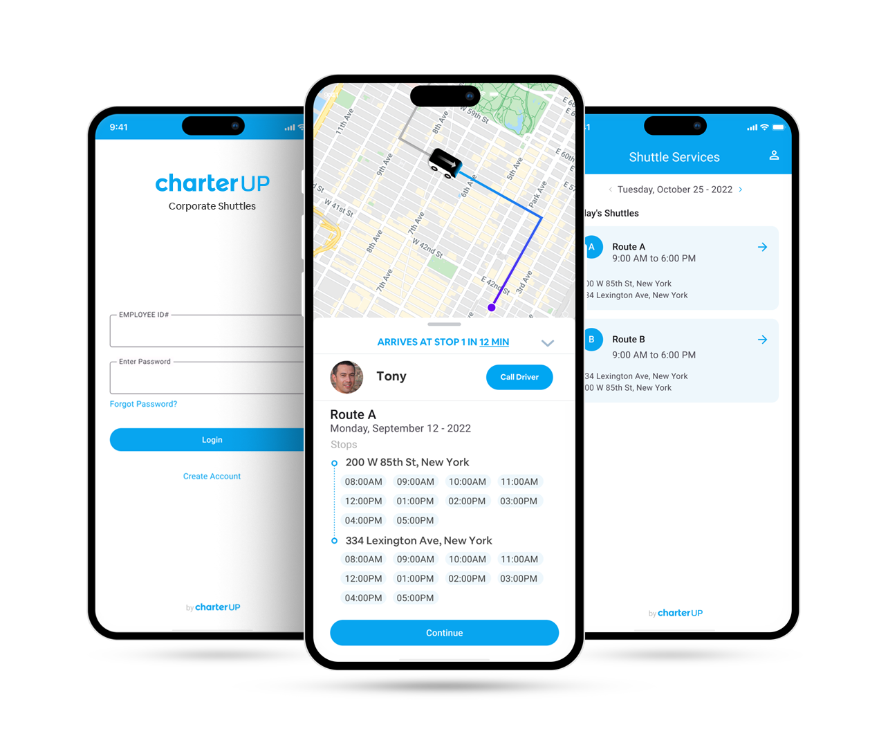 Three phones displaying CharterUP shuttle app UI