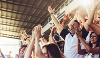 a crowd cheering at a sports game