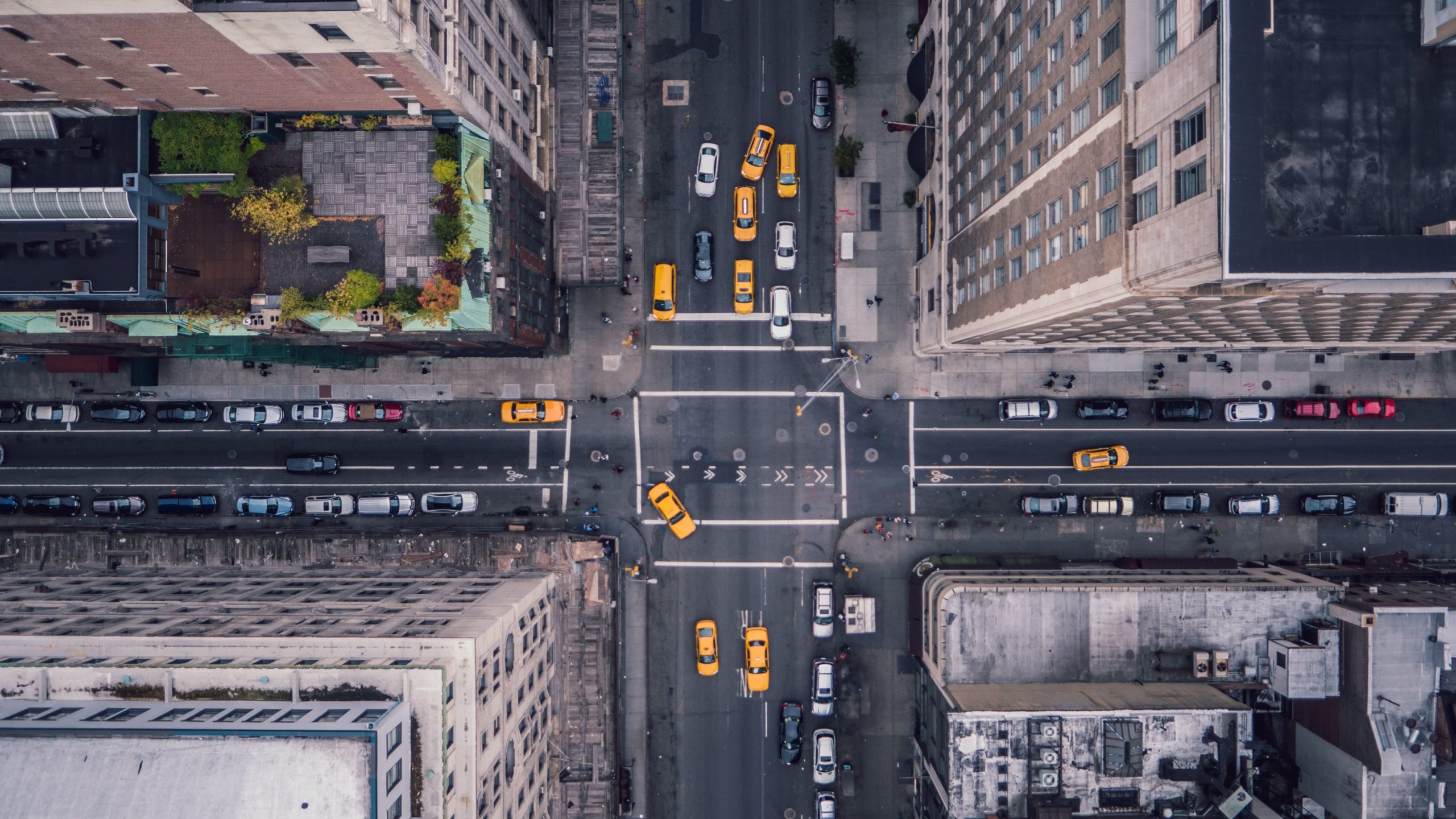 An aerial view of a busy intersection in New York City.