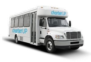 a small minibus with folding doors and a charterup logo