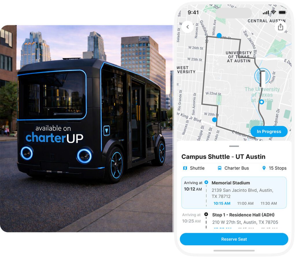CharterUp Autonomous shuttle with application route overlay